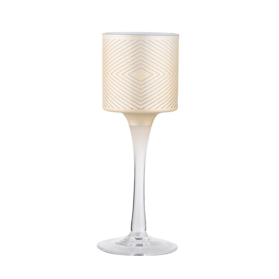 Świecznik szklany, beżowy z białym wnętrzem dekorowany Geometryczny, 7x20 cm ALTOMDESIGN