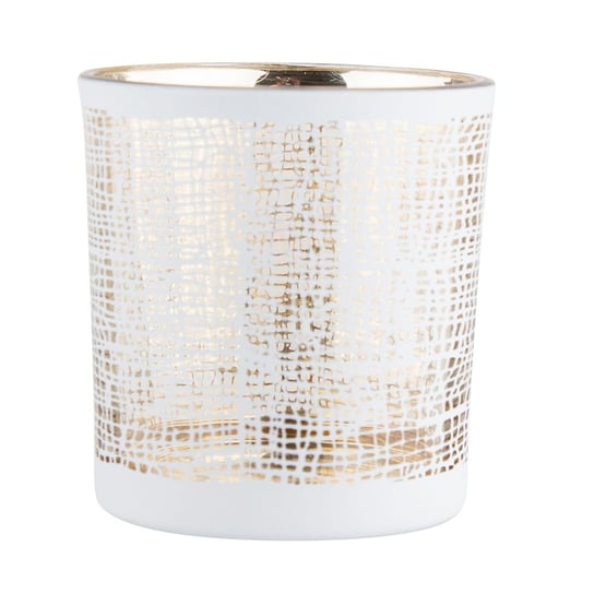 Świecznik szklany, biały ze złotym wnętrzem dekorowany Lniany splot, 7x8 cm ALTOMDESIGN