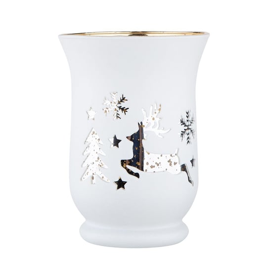 Świecznik szklany, biały ze złotym wnętrzem dekorowany Renifer, 11x15 cm ALTOMDESIGN