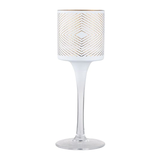 Świecznik szklany, biały ze złotym wnętrzem na stopce dekorowany Geometryczna, 7x20 cm ALTOMDESIGN