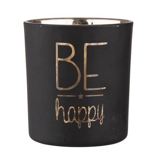 Świecznik szklany, czarny ze złotym wnętrzem dekorowany Be happy, 7x8 cm ALTOMDESIGN