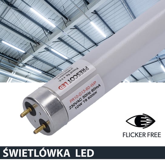 Świetlówka LED Flicker free T8 G13 60cm 10W 6000K 1050lm w obudowie PC firmy Prescot Prescot