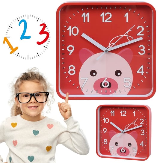 Świnka zegar ścienny analogowy, kwadratowy zegar dla dzieci 20,2x20,2 cm sarcia.eu