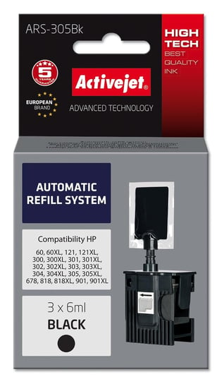 System uzupełnień Activejet ARS-305Bk (zamiennik HP301, HP302, HP303, HP304, HP304 ; 3 x 6 ml; czarny) Activejet