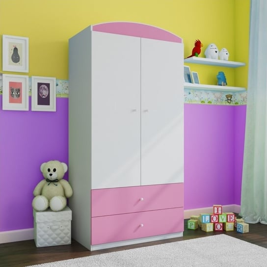 Szafa dwudrzwiowa, do pokoju dziecka, babydreams, 90 cm, biel, różowy, mat Kocot Kids