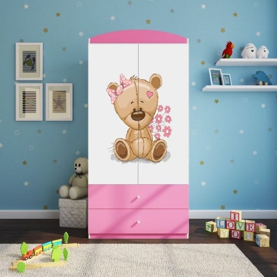 Szafa dwudrzwiowa, do pokoju dziecka, babydreams, 90 cm, miś z kwiatkami, różowa Kocot Kids