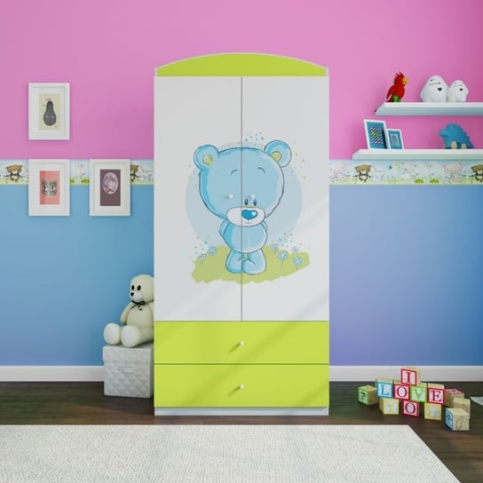 Szafa dwudrzwiowa, do pokoju dziecka, babydreams, 90 cm, niebieski miś, zielony Kocot Kids