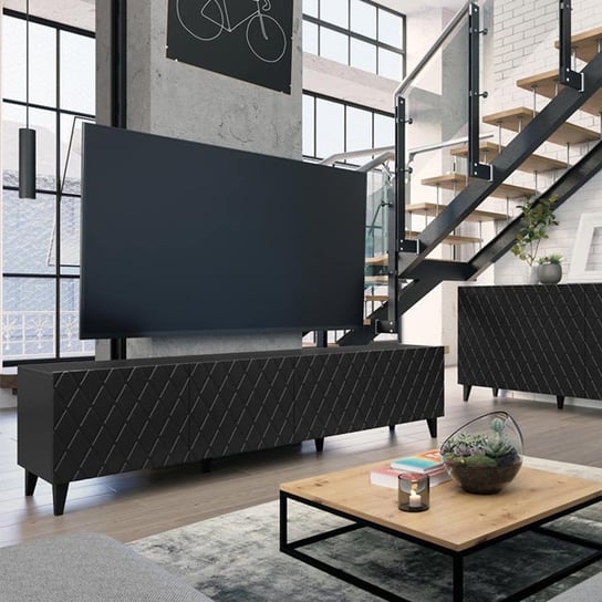 Szafka RTV Lukka 200 x 42 x 52 geometryczne fronty, czarny mat High Glossy Furniture