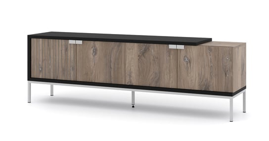 Szafka RTV TOLEDO 190 cm 4D dąb flagstaff / czarny mat + srebrna rama BIM Furniture