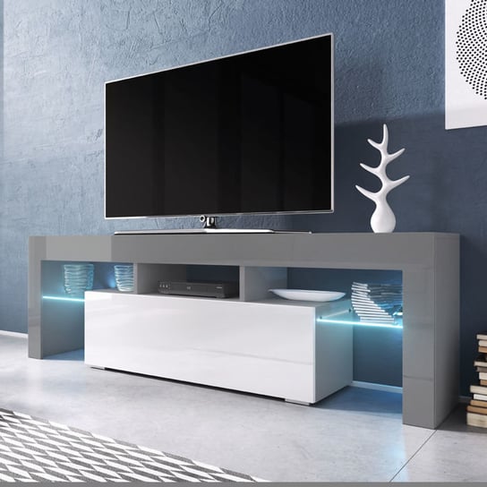 Szafka RTV Toronto, szaro-biała, 138x40x41 cm High Glossy Furniture