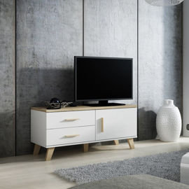 Szafka RTV w stylu skandynawskim Livorno, biały/dąb sonoma, 120x53x40 cm High Glossy Furniture