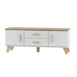 Szafka RTV w stylu skandynawskim Livorno, biały/dąb sonoma, 140x53x40 cm High Glossy Furniture