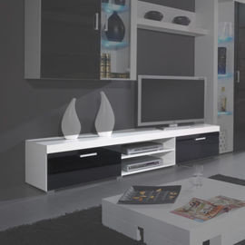 Szafka RTV z połyskiem Rumba 8, biało-czarna, 200x45x39 cm High Glossy Furniture