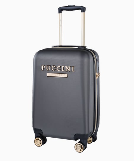 Szara walizka kabinowa z eleganckim napisem PUCCINI