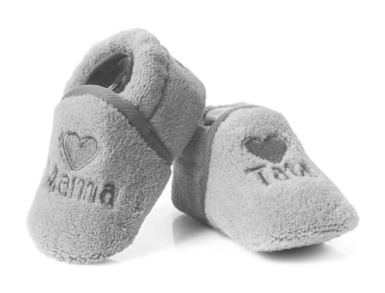 Szare buciki niemowlęce haftowane MAMA TATA 0-6m. ATTRACTIVE
