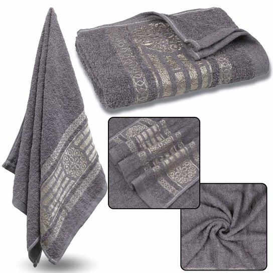 Szary ręcznik bawełniany ze złotym haftem, ręcznik do rąk 48x100 cm x1 sarcia.eu