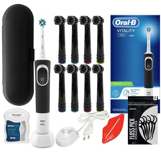 Szczoteczka Oral-B Vitality 100 Czarna + 8 zamiennych końcówek, etui, nić dentystyczna Oral-B