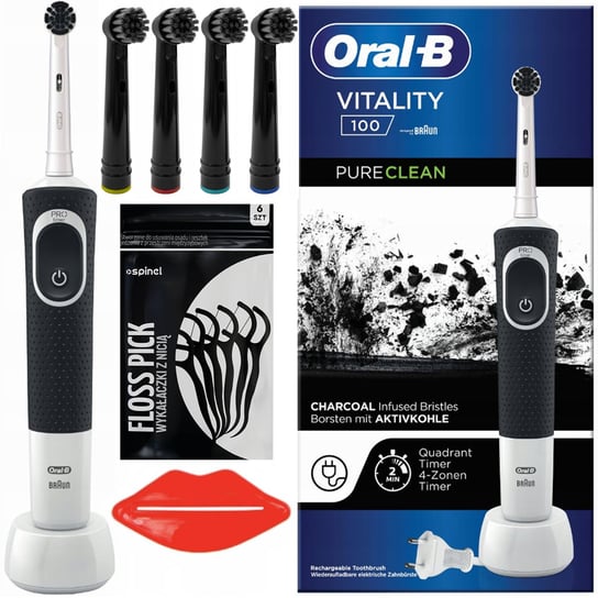 Szczoteczka Oral-B Vitality 100 Pure Clean Black + 4 końcówki zamienne Precision EB17-P czarne z węgla aktywnego + akcesoria Oral-B