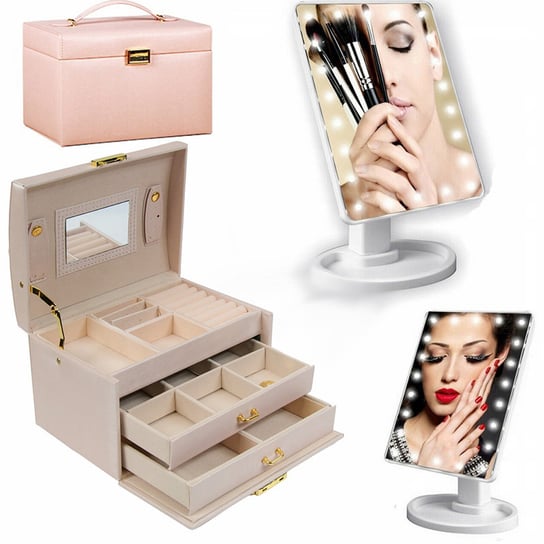 Szkatułka / kuferek na biżuterię jedwabna pudrowy róż + Podświetlane lusterko do makijażu LED, białe Inna marka
