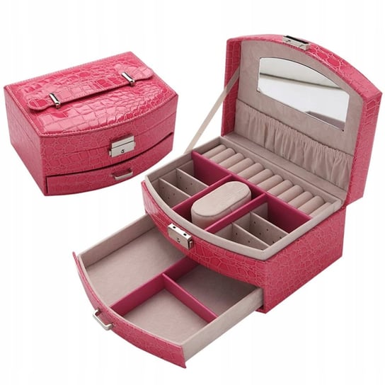Szkatułka / kuferek na biżuterię z lusterkiem - różowy ze strukturą Inna marka