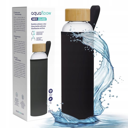 Szklana butelka bidon na wodę AquaFloow 0,7l z pokrowcem neoprenowym - czarna Aquafloow