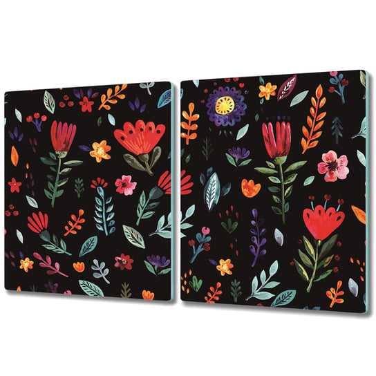 Szklana Osłona na Kuchenkę - Deska Do Krojenia - 2x 40x52 cm - Kolorowe kwiaty na ciemnym tle Coloray