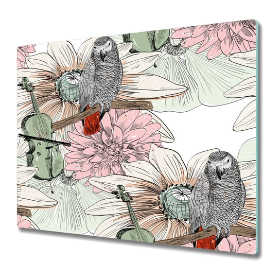 Szklana Osłona na Kuchenkę - Deska Do Krojenia 60x52 cm - Papuga wśród kwiatów Coloray
