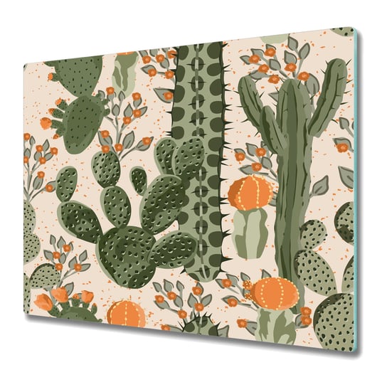 Szklana Osłona na Kuchenkę - Deska Do Krojenia 60x52 cm - Pomarańczowe kaktusy Coloray