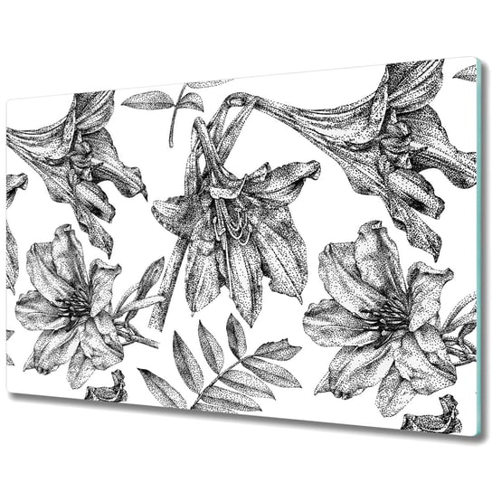 Szklana Osłona na Kuchenkę - Deska Do Krojenia - Czarno białe lilie - 80x52 cm Coloray