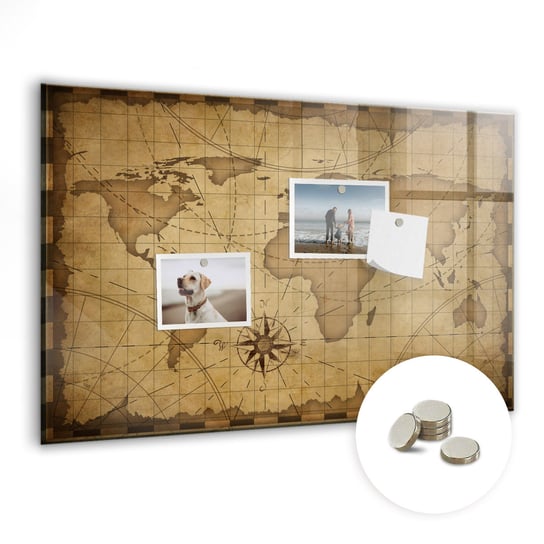 Szklana Tablica na Magnesy i do Pisania, 60x40 cm + Magnesy, Mapa świata vintage Coloray