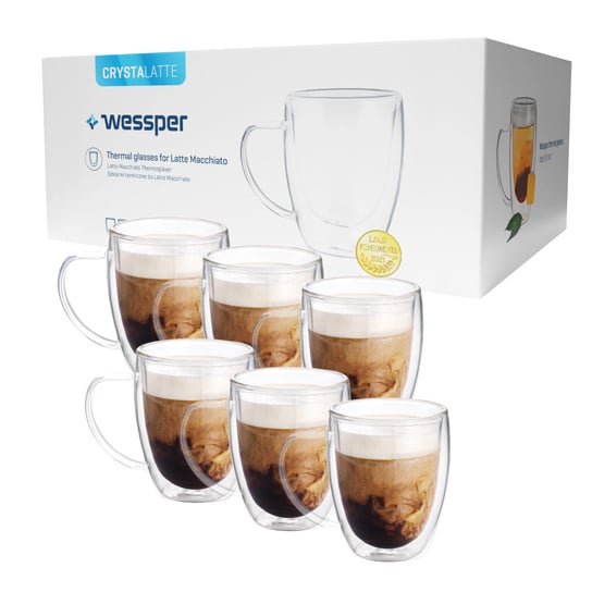 Szklanka Termiczna Z Uchem Do Kawy/Herbaty Z Podwójnym Szkłem 350Ml Wessper Crystallatte 6X Wessper
