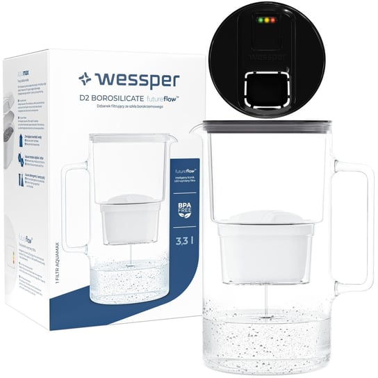 Szklany dzbanek filtrujący do wody Wessper FutureFlow Aquamax + 1x Filtr wody 3,3 L Czarny Inna marka