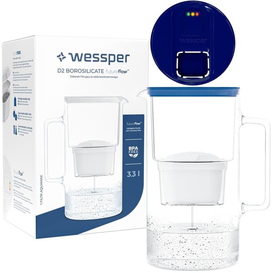 Szklany dzbanek filtrujący do wody Wessper FutureFlow Aquamax + 1x Filtr wody 3,3 L Granatowy Inna marka