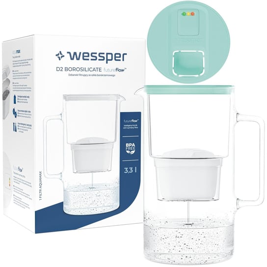 Szklany dzbanek filtrujący do wody Wessper FutureFlow Aquamax + 1x Filtr wody 3,3 L Miętowy Inna marka