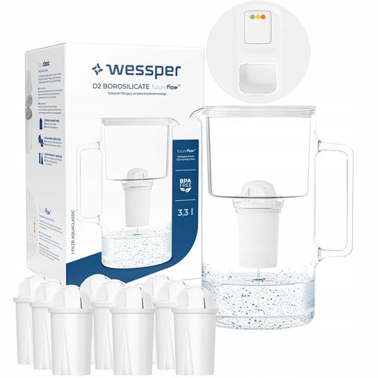 Szklany dzbanek filtrujący Wessper FutureFlow Aquaclassic + 10x Filtr Wkład Wessper