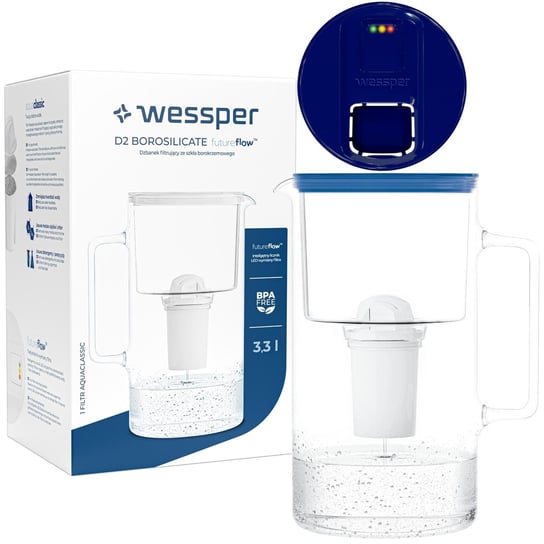 Szklany dzbanek filtrujący Wessper FutureFlow Aquaclassic + 1x Filtr wody 3,3 l Granatowy Inna marka