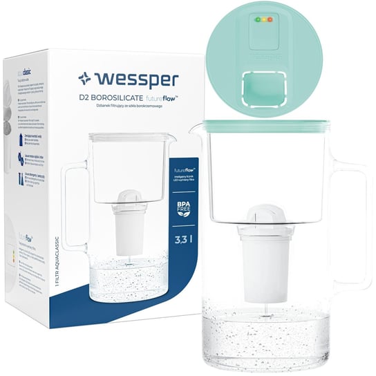 Szklany dzbanek filtrujący Wessper FutureFlow Aquaclassic + 1x Filtr wody 3,3 L Miętowy Inna marka