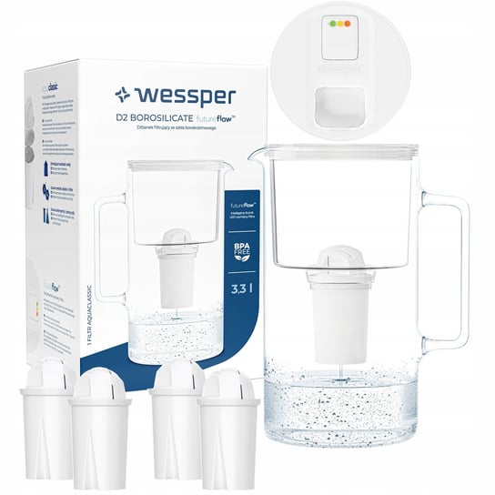 Szklany dzbanek filtrujący Wessper FutureFlow Aquaclassic + 5x Filtr Wkład Wessper