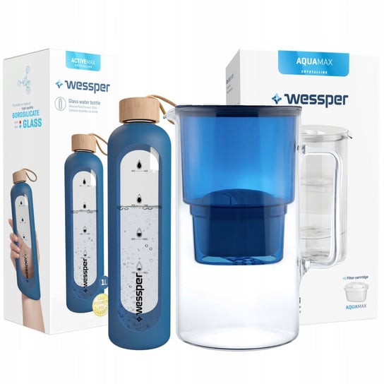 Szklany dzbanek Wessper Aquamax 3,3l + Szklana butelka na wodę napoje 1l Wessper