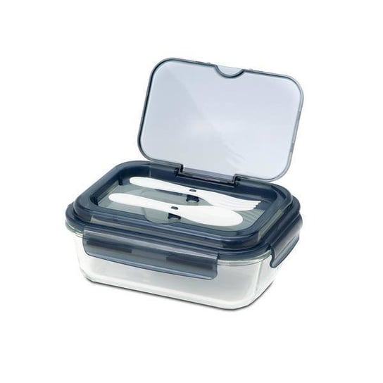 Szklany lunch box ze sztućcami 1000 ml Lagos, czarny UPOMINKARNIA