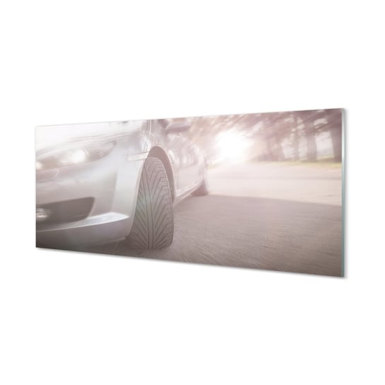 Szklany panel Srebrne auto ulica drzewa 125x50 cm Tulup