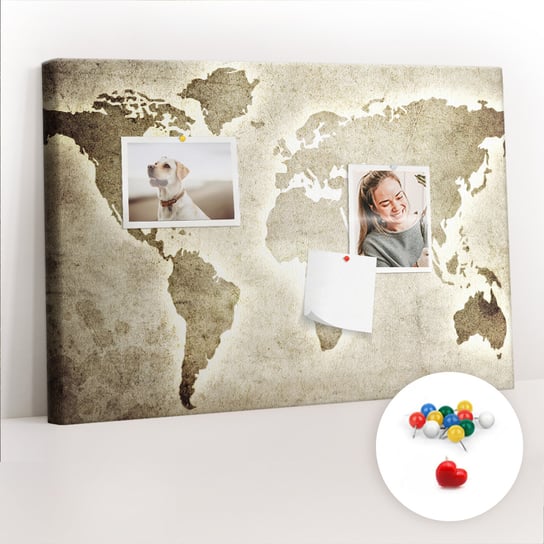 Szkolna Tablica korkowa 60x40 cm, Kolorowe Pinezki, wzór Mapa świata Coloray