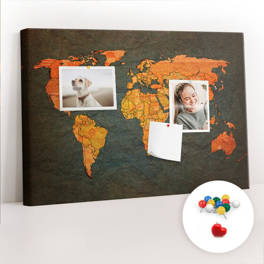 Szkolna Tablica korkowa 60x40 cm, Kolorowe Pinezki, wzór Mapa świata Coloray