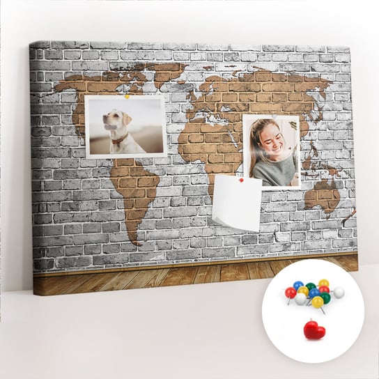 Szkolna Tablica korkowa 60x40 cm, Kolorowe Pinezki, wzór Mapa świata cegły Coloray