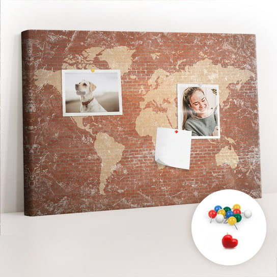 Szkolna Tablica korkowa 60x40 cm, Kolorowe Pinezki, wzór Mapa Świata na cegle Coloray