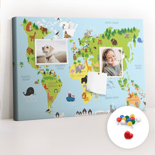 Szkolna Tablica korkowa 60x40 cm, Kolorowe Pinezki, wzór Mapa świata ze zwierzętami Coloray