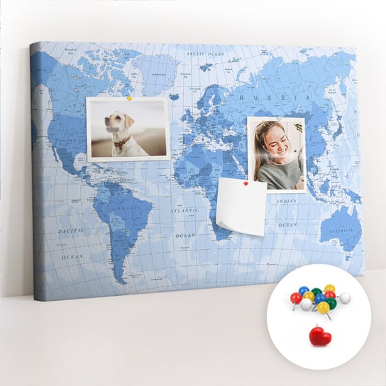 Szkolna Tablica korkowa 60x40 cm, Kolorowe Pinezki, wzór Polityczna Mapa Świata Coloray