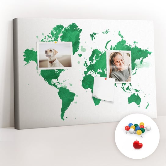 Szkolna Tablica korkowa 60x40 cm, Kolorowe Pinezki, wzór Zielona mapa świata Coloray