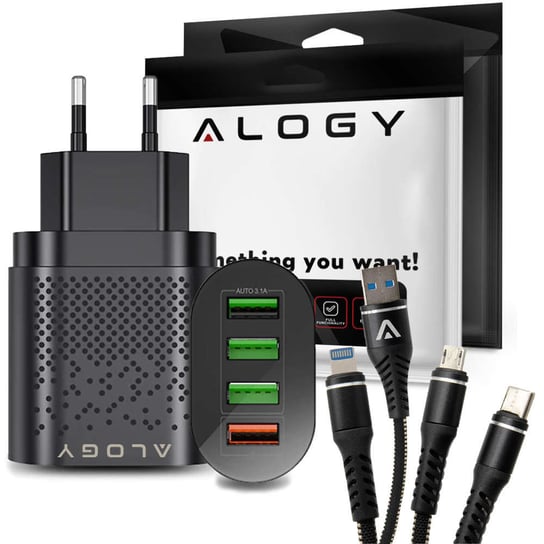 Szybka ładowarka sieciowa Alogy 4x USB Quick Charge 3.0 2.4A Czarna + Kabel 3w1 Alogy