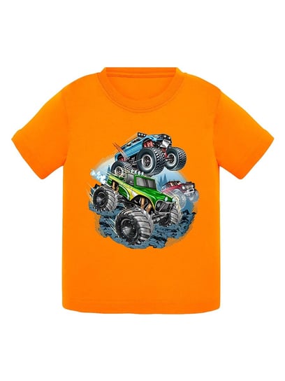 T-shirt chłopięcy z nadrukiem Monster trucków pomarańczowy Tup Tup Tup Tup